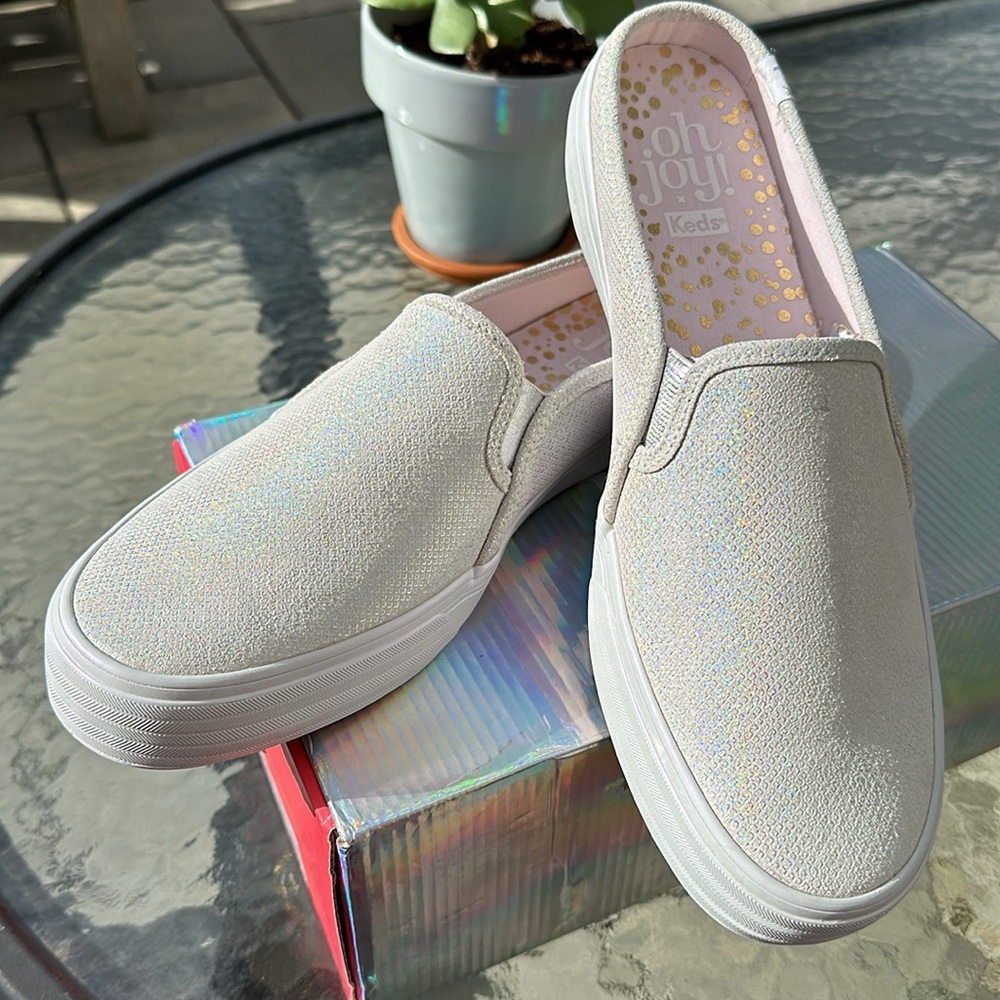 Keds “oh Joy!” Sz 9.5 White Halographic Mules NIB. Great sneakers for summer.